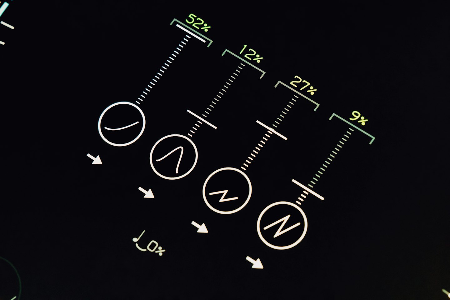 Digital audio mixer screen showing fader levels and controls.