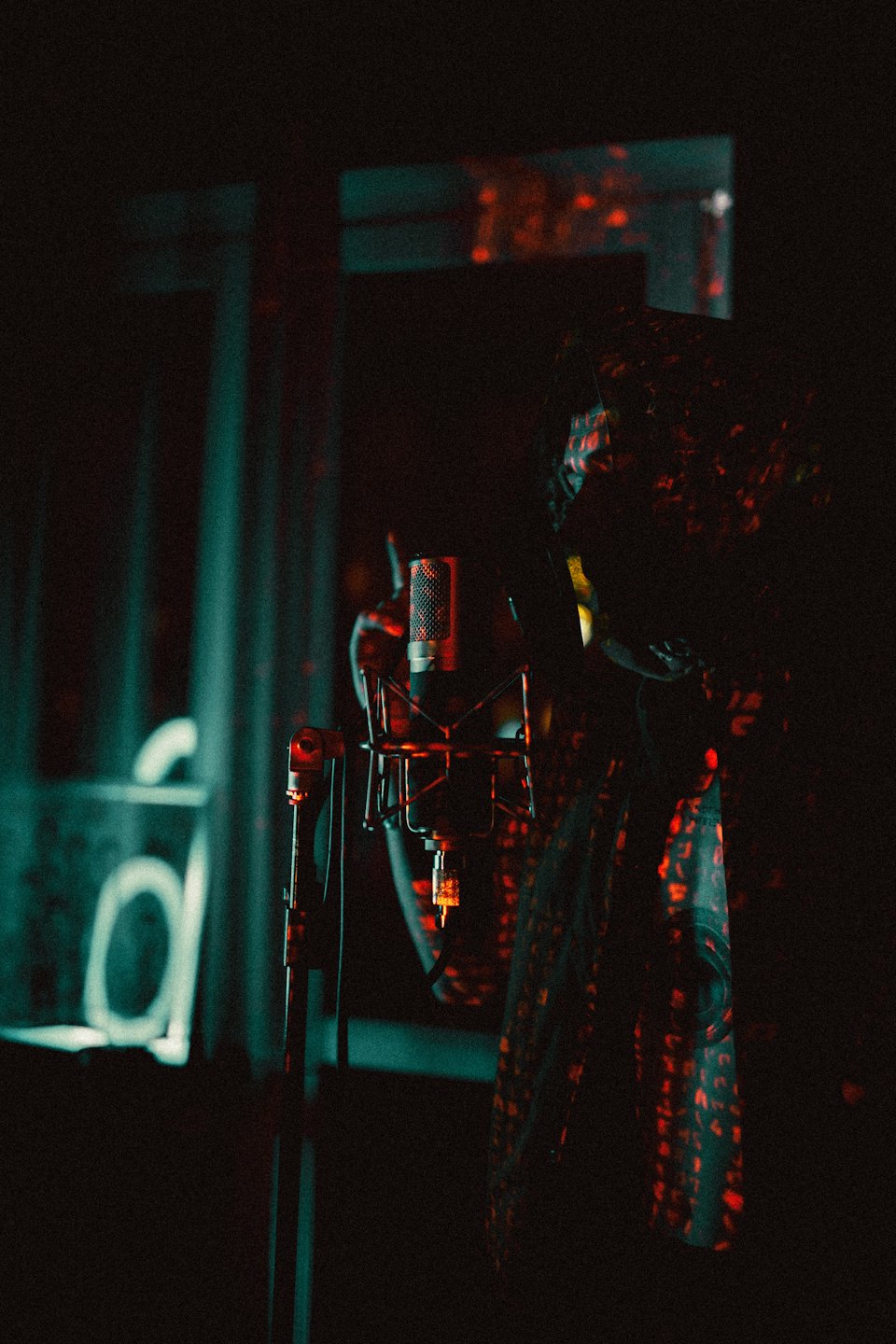 A person speaks into a professional studio microphone.